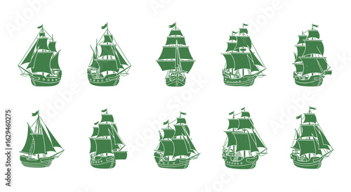 Ten Green Sailing Ships: A Collection of Vintage Style Vessels