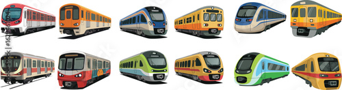 Colorful Cartoon Train Collection Twelve Different Designs of Subway, Tram, and Railway Trains