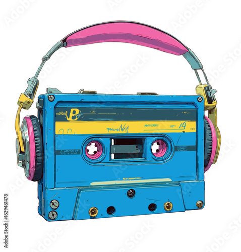 Retro Cassette Tape with Headphones Vector Illustration