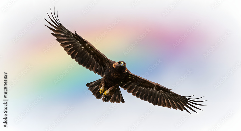 Obraz premium 虹色背景 力強く羽ばたく鷲 雄大な飛行. AI Generated