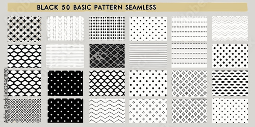 Collection of fifty basic black and white seamless patterns and textures for design