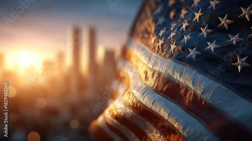 Waving flag in foreground symbolizes resilience with Twin Towers silhouetted behind