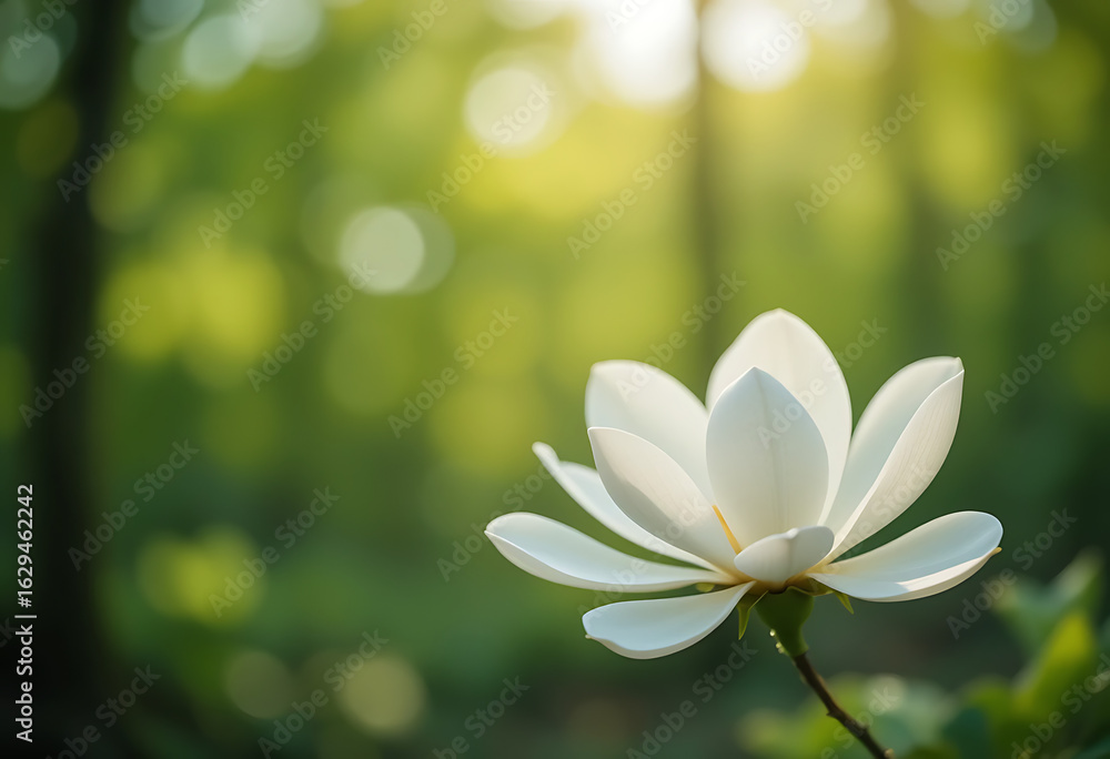 Fototapeta premium Serene white magnolia blossom bathed in golden sunlight amidst a lush green forest canopy