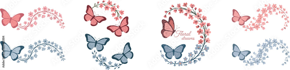 Fototapeta premium Floral Illustration with Butterflies and Flower Branches in Pink and Blue Colors on White