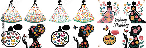 Floral Silhouettes of Women, Dresses, Perfume Bottles, and Butterflies for Elegant Birthday Design
