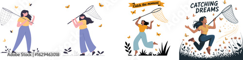 Four Illustrations of a Woman Catching Butterflies with a Net in Various Scenes