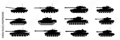 Set of twelve black silhouette vector illustrations of military tanks. Monochrome icons of armored vehicles isolated on white - army, war, combat, defense, weaponry concept. Design elements for infogr