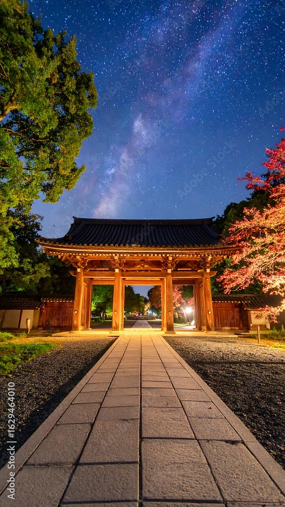 Obraz premium Night temple gateway under a starry sky