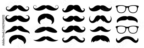 Set of black vector mustache and glasses silhouettes. Collection of various handlebar, pencil, horseshoe, and walrus mustache shapes. Monochrome design elements for barber shops, men's fashion, or Mov
