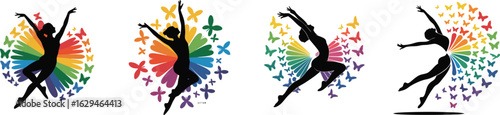Silhouette Dancer with Rainbow Petals and Butterfly Accents, Art on White Background