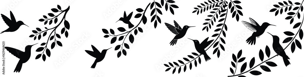 Fototapeta premium Silhouette Illustration of Hummingbirds Flying Around Leafy Branches on a White Background,