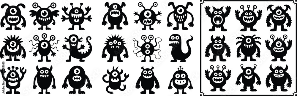 Fototapeta premium Spooky Cute Monsters Silhouette Collection Black and White Cartoon Alien Character Illustrations for Halloween Designs