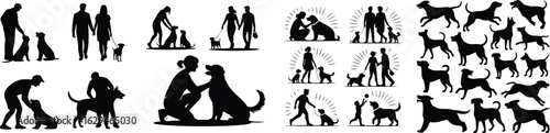 Silhouettes of People Interacting with Dogs, Including Couples, Adults, and Children Playing with Pets