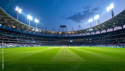 Night view of a cricket stadium, floodlights illuminating the empty field and stands