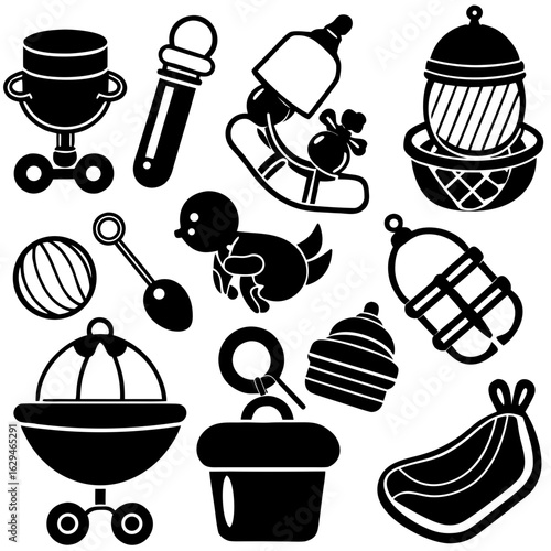 Baby and infant care items in black silhouette child toddler