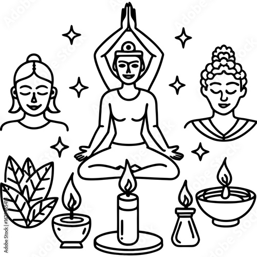 Black Silhouette Icons of Buddha Heads, Yoga Pose, and Candles meditation spirituality