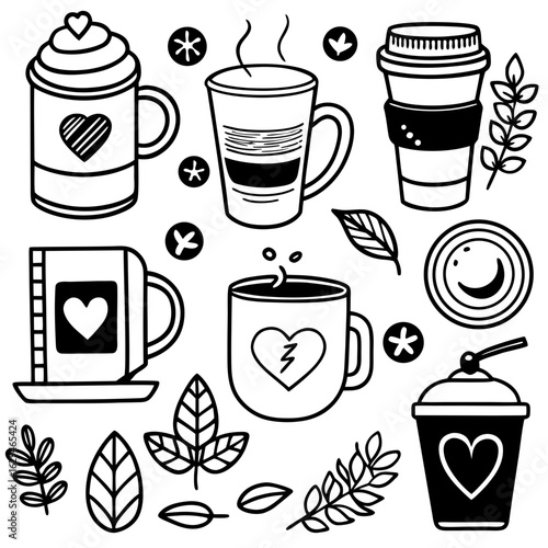 Black Silhouette Icons of Coffee and Beverage Cups with Leaves takeaway cup