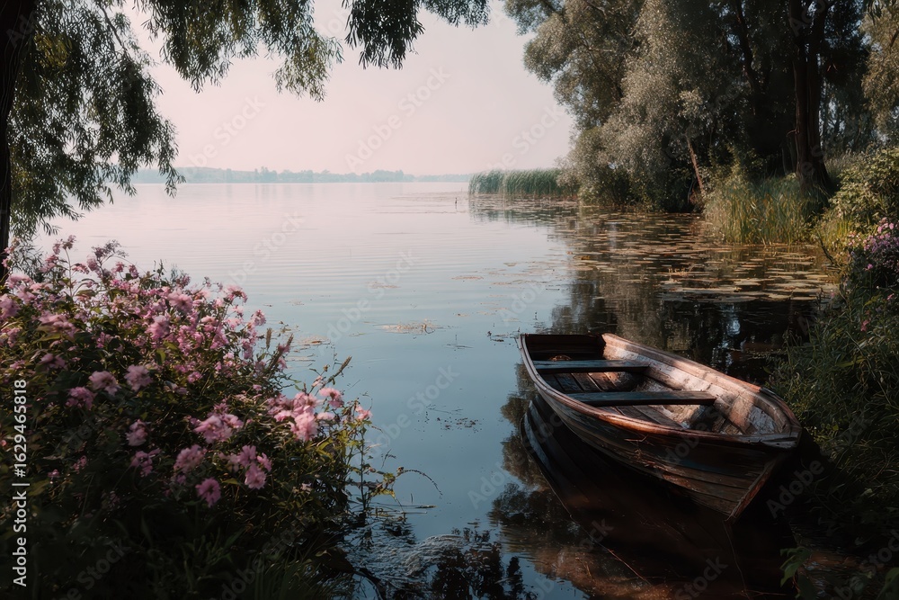 Tranquil summer day at the lake with a lone boat gently resting by the shore amidst blooming flowers and serene waters Tranquil summer day at the lake with a lone boat gently resting by the shore amidst blooming flowers and serene waters