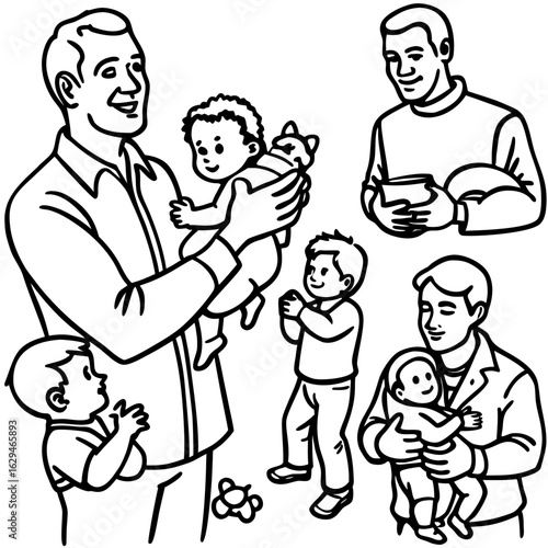 Fathers and Children in Line Art Style with Babies and Toddlers baby family