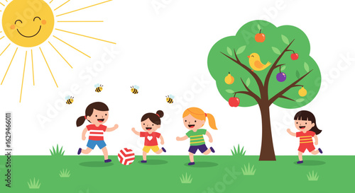 Joyful children playing outdoors under the warm sun and fruit tree