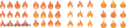 Various Styles of Cartoon Flames and Fire Icons in Orange and Red Color Gradients