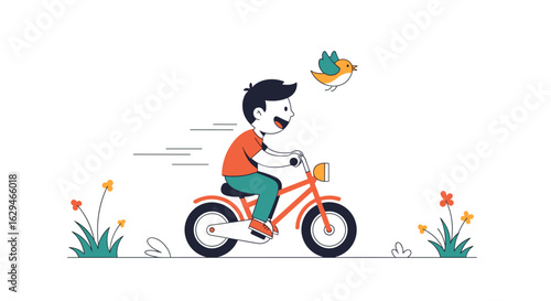 Young boy happily riding his bicycle outdoors enjoying a sunny day with a bird flying overhead