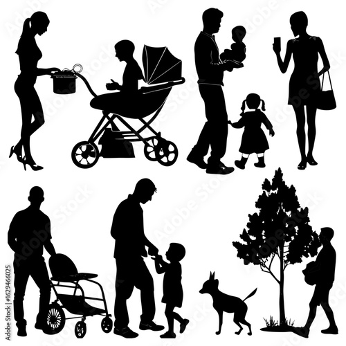 Silhouette illustrations of families with strollers, babies and a dog family people