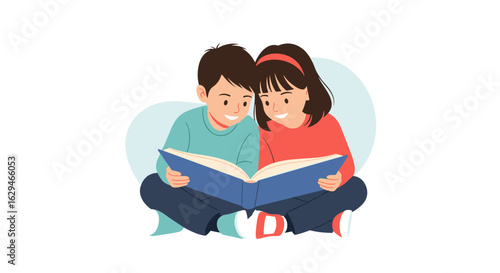 Two children reading a book together sharing knowledge and imagination discovering new worlds through literature