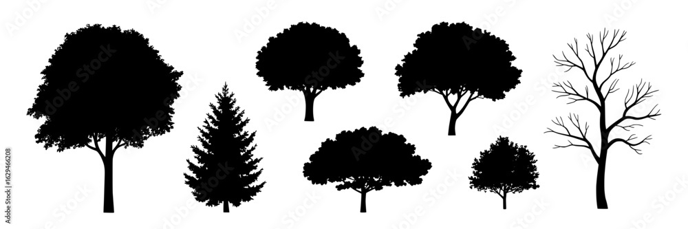 Fototapeta premium Black and white vector silhouette collection of various tree shapes. Set of monochrome tree illustrations including deciduous, evergreen, and bare tree silhouettes. Design elements for nature, landsca