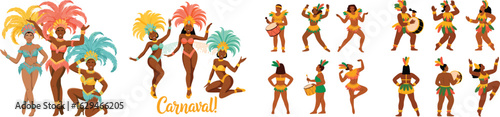 Vibrant Carnival Dancers and Drummers Celebrating with Colorful Feathered Headdresses, Costumes, and Energetic Performances