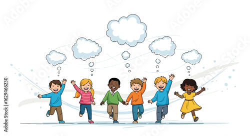 Diverse group of young children with empty thought bubbles above their heads celebrating