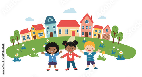 Children together in a colorful neighborhood celebrating happiness and friendship