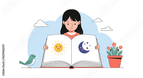 A young girl engrossed in a storybook depicting the sun and moon with a bird and potted plant nearby
