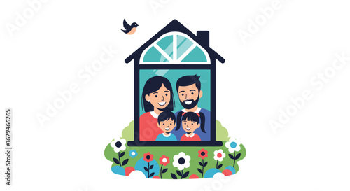 Cozy family portrait visible through a charming house window with blooming flowers and a bird