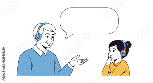 Man wearing headphones teaching a young girl with a thought bubble illustration