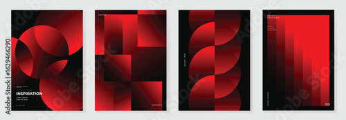 Modern gradient poster on dark background vector set. Cover template with red perspective geometric shapes different. Modern Design for wall art, flyers, brochures, covers and web banners.
