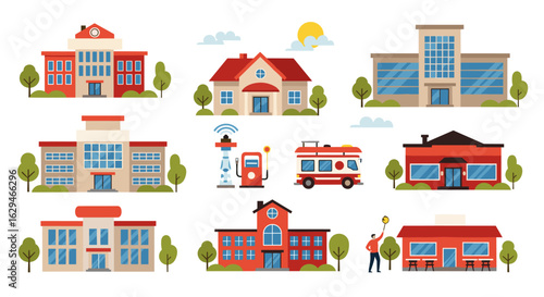 Collection of modern and classic public buildings and services including hospital and fire station