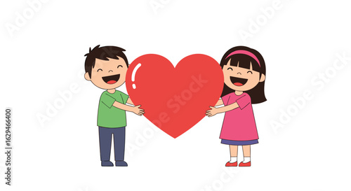 Two happy children holding a large red heart together spreading love and kindness