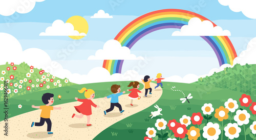 Children follow path towards vibrant rainbow in sunny meadow