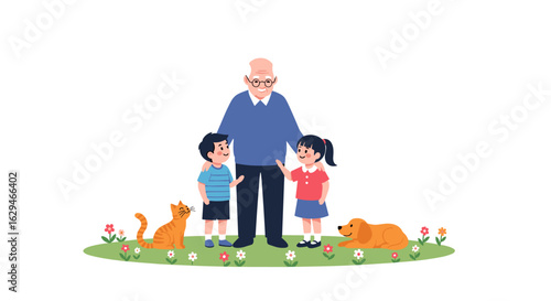 Happy grandfather spending quality time with his grandchildren and pets outdoors enjoying a sunny day together