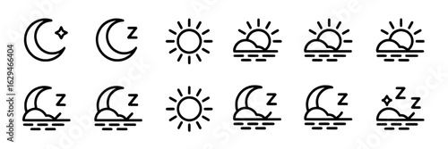 Day and night icon set. Minimalist vector illustration collection featuring crescent moons, stars, suns, clouds, horizon, and the letter Z for sleep. Line art graphic design elements for weather, time