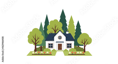 Charming family home surrounded by lush green trees and beautiful garden flowers