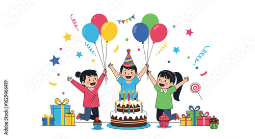 Joyful celebration of childhood birthday party with colorful decorations and happy children