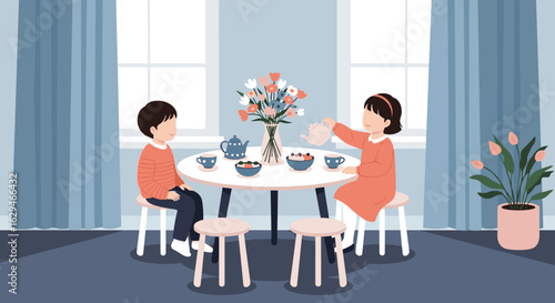 Two children enjoying a tea party together in a bright room