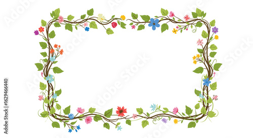 Whimsical botanical border design with colorful spring flowers and green leaves