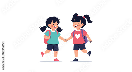 Two happy schoolgirls holding hands walking together with backpacks ready for learning adventure
