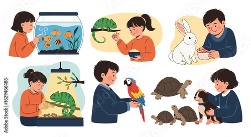 Children interacting with diverse domesticated pets and aquatic creatures