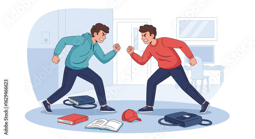 Two young men argue intensely in a room with their fists raised ready for a fight