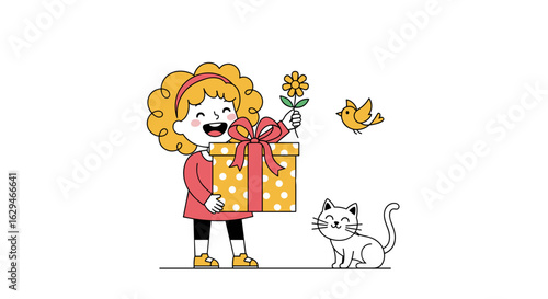 A joyful young girl happily receives a beautifully wrapped gift with a charming cat nearby and a cheerful bird flying