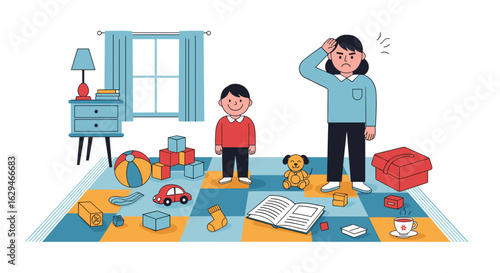 A parent feels stressed by a messy playroom filled with toys and a child looks on